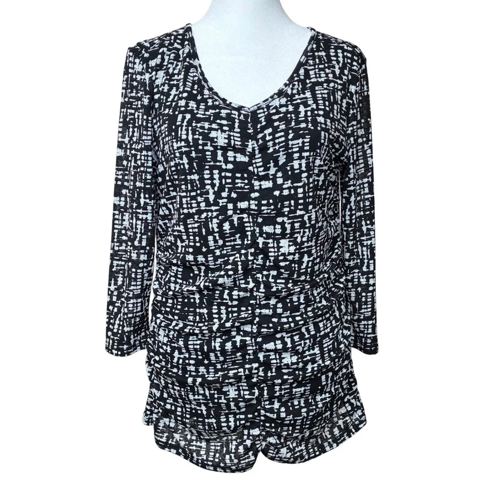 Coldwater Creek Womens Black White Ruched V-Neck‎ Top Size M 10-12 3/4 Slv